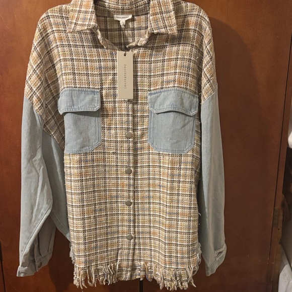 Dance & Marvel Tops - Dance and Marvel Fringe Button-Up Shirt with Denim Sleeves